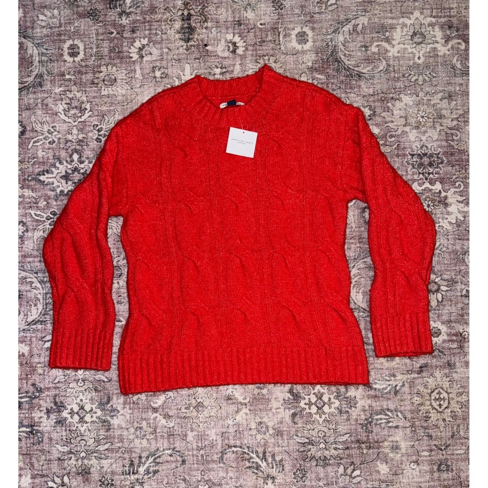 American Eagle Oversized Womens XS Red Cable Knit Crewneck Sweater NEW Soft Cozy